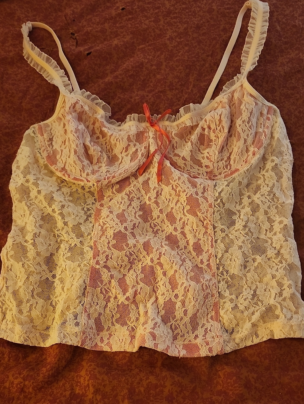 Delicate Ivory Lace Camisole Top with Pink Accents